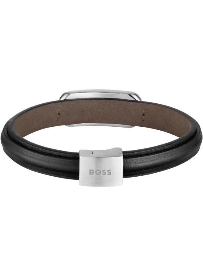 BOSS  Kode Collection Bracelet For Men With Black Leather And Stainless Steel Closure - 1580783M for Men | Best Price UAE