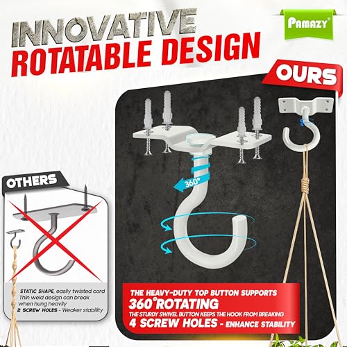PAMAZY [UPGRADED] 2Pcs 200LBS Rotatable Ceiling Hooks with 4 Screw Points Base, Wall Mount Metal Hanger White Ceiling Hook for Hanging Plant, Bird Feeder, Lights, Bed Canopy, Wind Chime, Indoor Outdoor Decor - Image 3