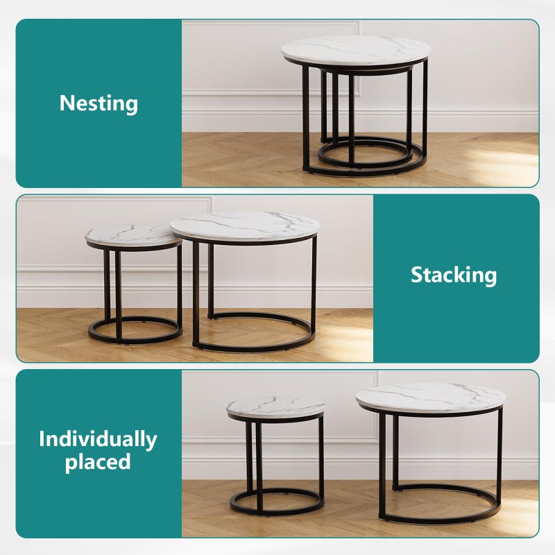 Smuxee White Nesting Coffee Table Set of 2, 23.6" Round Coffee Table Wood Grain Top with Adjustable Non-Slip Feet, Industrial End Table Side Tables for Living Room Bedroom Balcony Yard - Image 5