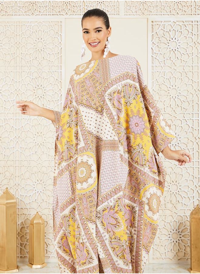Styli - Bohemian Print Batwing Sleeves Kaftan - Image 1