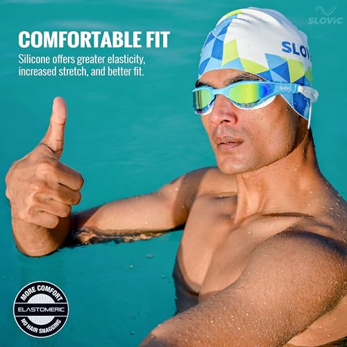 Slovic Swimming Cap for Men & Women [White Pattern] | Swimming Caps for Women with Long Hair | Swimming Accessories for Men | Unisex & Waterproof Silicon Cap to Prevent Chemical Damage | Free Size - Image 3
