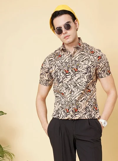 شركة المرآب الهندية Men Regular Fit Printed Half Sleeves Cutaway Collar Casual Shirt