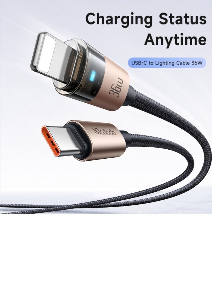 Mcdodo Transparent iPhone Lightning Cable Desert Gold 36W 1.2m LED Light – Fast Charging PD Data Sync for iPhone 14 13 12 11, iPad, AirPods - Image 4