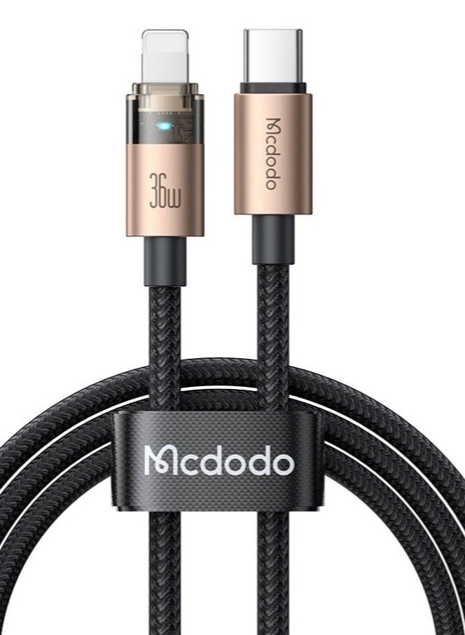 Mcdodo Transparent iPhone Lightning Cable Desert Gold 36W 1.2m LED Light – Fast Charging PD Data Sync for iPhone 14 13 12 11, iPad, AirPods - Image 1