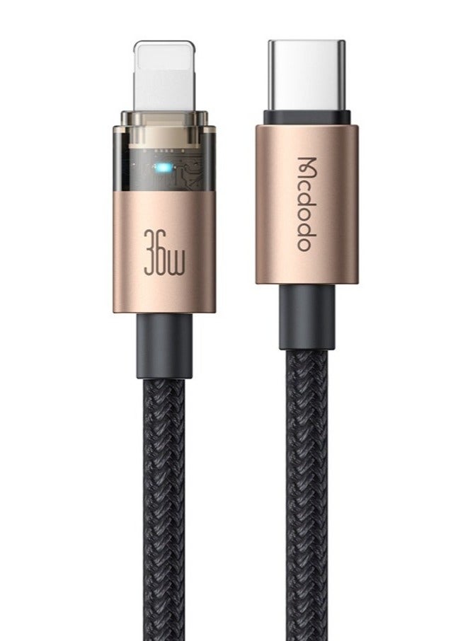 Mcdodo Transparent iPhone Lightning Cable Desert Gold 36W 1.2m LED Light – Fast Charging PD Data Sync for iPhone 14 13 12 11, iPad, AirPods - Image 2