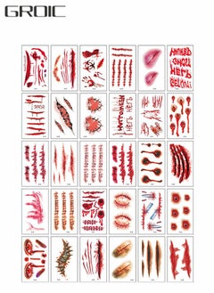 GROIC 30 Sheets Temporary Scar Tattoos Stickers Realistic F-ake Wound Scab Horror Body Face Decals Prank Props Makeup Masquerade Zombies Party Supplies Decor F-ake Wounds for Cosplay  - Image 1