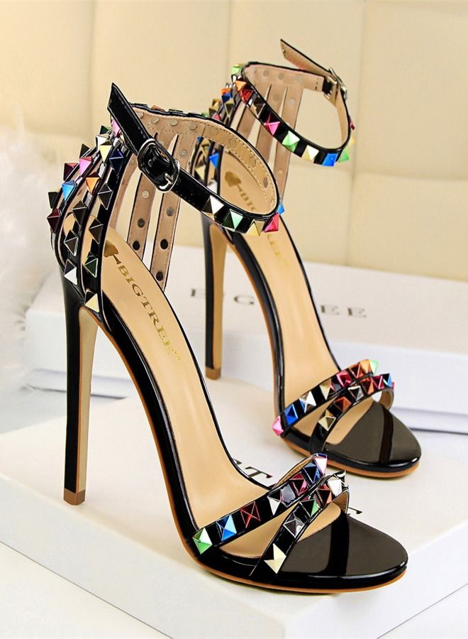 BIGTREE Colored Rivet High Heel Sandals 11CM Black - Image 1