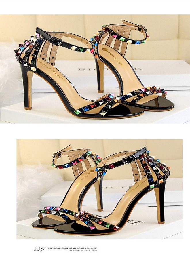 BIGTREE Colored Rivet High Heel Sandals 11CM Black - Image 2