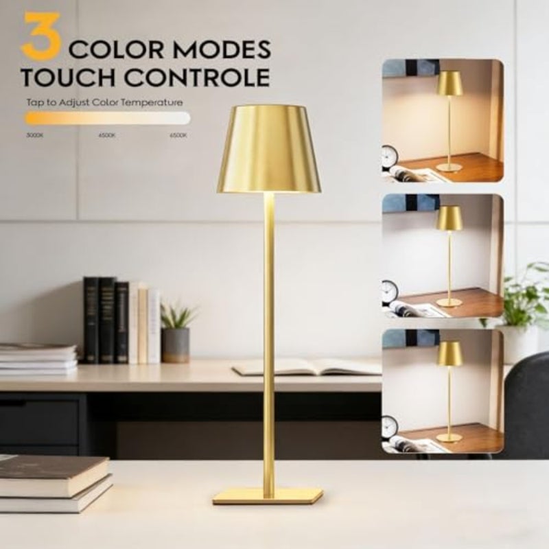 Cordless Table Lamp, Battery Operated Lamp - Portable Waterproof Rechargeable Table Lamp w/ 3 Color Temps and Stepless Dimming for Dinner, Desk, Cafe, Outdoor Gold - Image 3