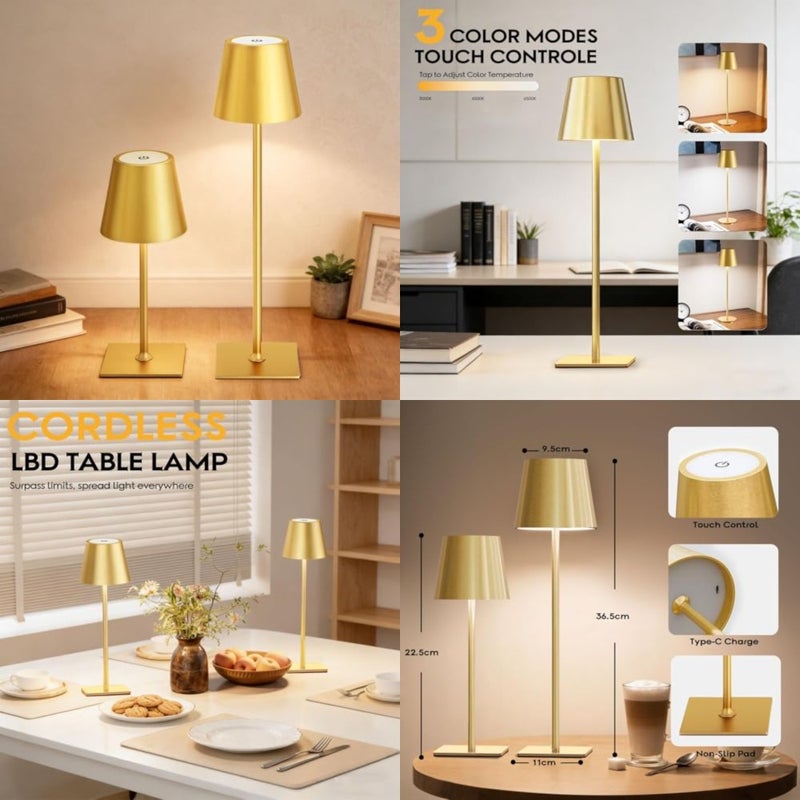 Cordless Table Lamp, Battery Operated Lamp - Portable Waterproof Rechargeable Table Lamp w/ 3 Color Temps and Stepless Dimming for Dinner, Desk, Cafe, Outdoor Gold - Image 1