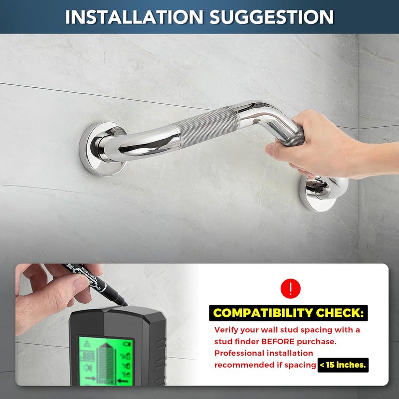 JOY DECOR Grab Bars for Bathtubs and Showers- 1-1/4 x 16" Angled Shower Grab Bar for Seniors Knurled Stainless Steel Handicap Grab Bars for Wall (Polished Nickel, 2 Pack) Individual & group usable - Image 3