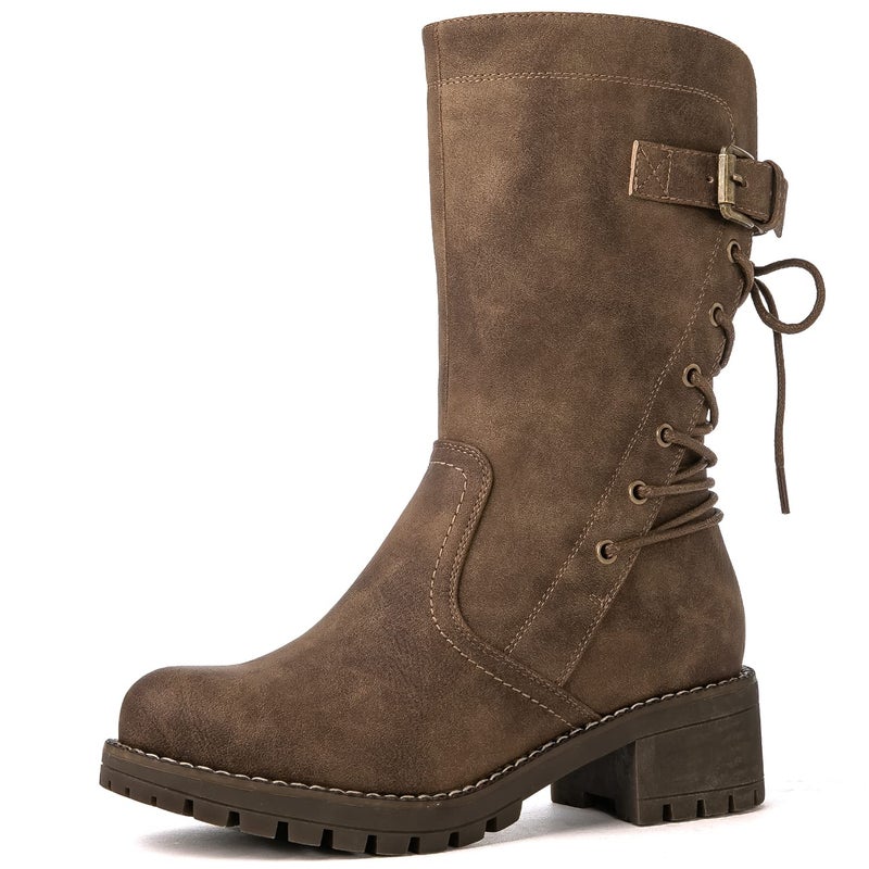 GLOBALWIN Women's Biker Boots Lace up Back Mid Calf Motorcycle Fashion Festival Boots Combat Riding Military Boots for Women Camel Size 9.5 - Image 2