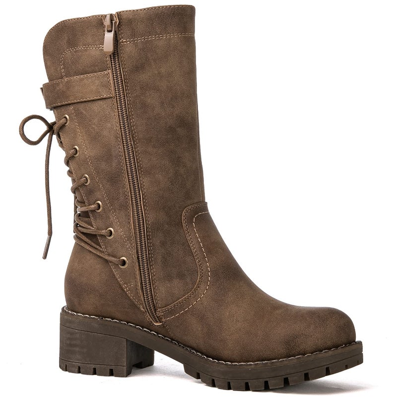 GLOBALWIN Women's Biker Boots Lace up Back Mid Calf Motorcycle Fashion Festival Boots Combat Riding Military Boots for Women Camel Size 9.5 - Image 3