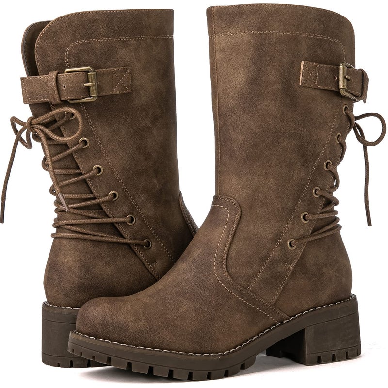 GLOBALWIN Women's Biker Boots Lace up Back Mid Calf Motorcycle Fashion Festival Boots Combat Riding Military Boots for Women Camel Size 9.5 - Image 1