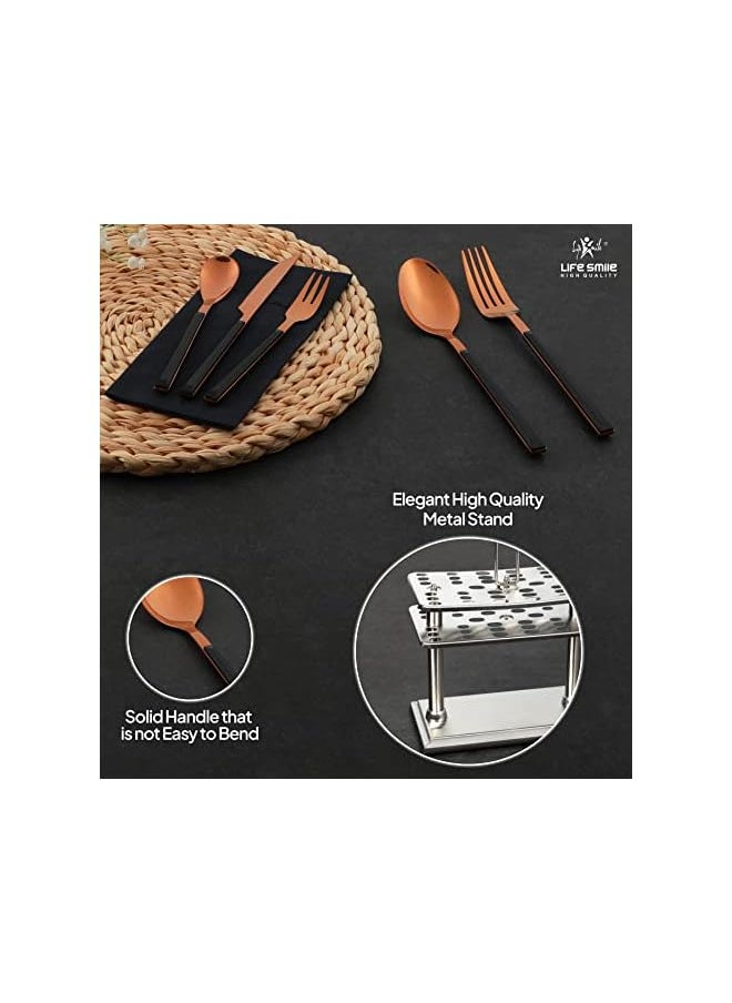 SMILE Cutlery Set, 38-Piece 18/10 Stainless Steel Flatware Set with Stand/Tea & Ice Spoon/Dinner & Cake Fork/Fruit Knife/Soup ladle/Rice Server (ROSE GOLD HEAD & BLACK HANDLE) - pzsku/Z04B20091D91CB35635C6Z/45/_/1691728607/9c7fa63f-a086-46c7-b17f-b18a8ef5de41