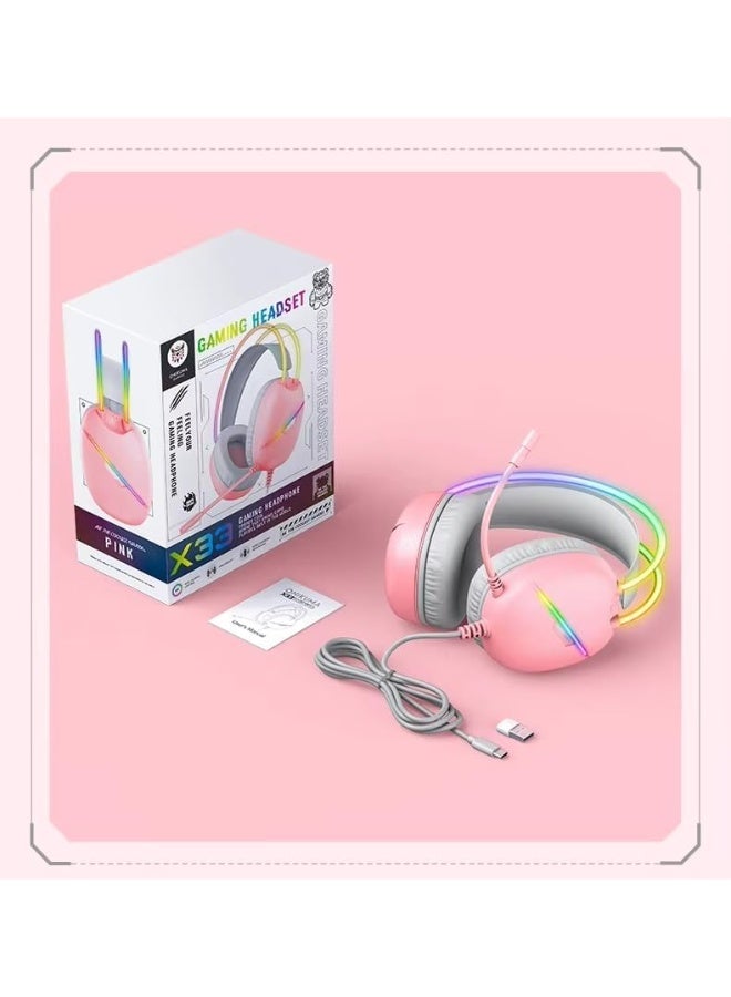 ONIKUMA X33 Gaming Headset, Pink, Over-Ear Wired Headphones with LED Lights, Noise-Cancelling Mic, for PC/PS5/PS4/Xbox - Image 5
