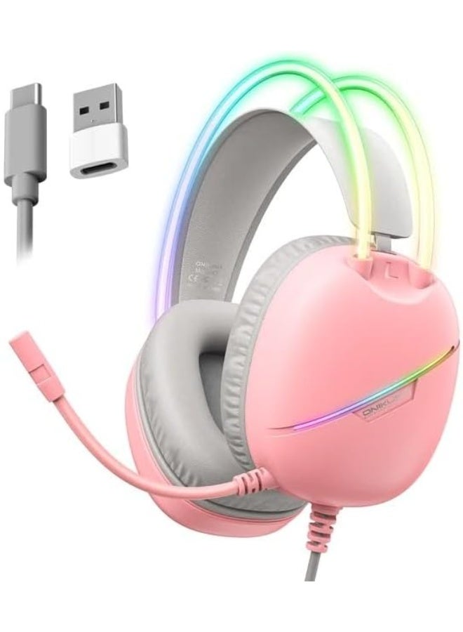 ONIKUMA X33 Gaming Headset, Pink, Over-Ear Wired Headphones with LED Lights, Noise-Cancelling Mic, for PC/PS5/PS4/Xbox - Image 1
