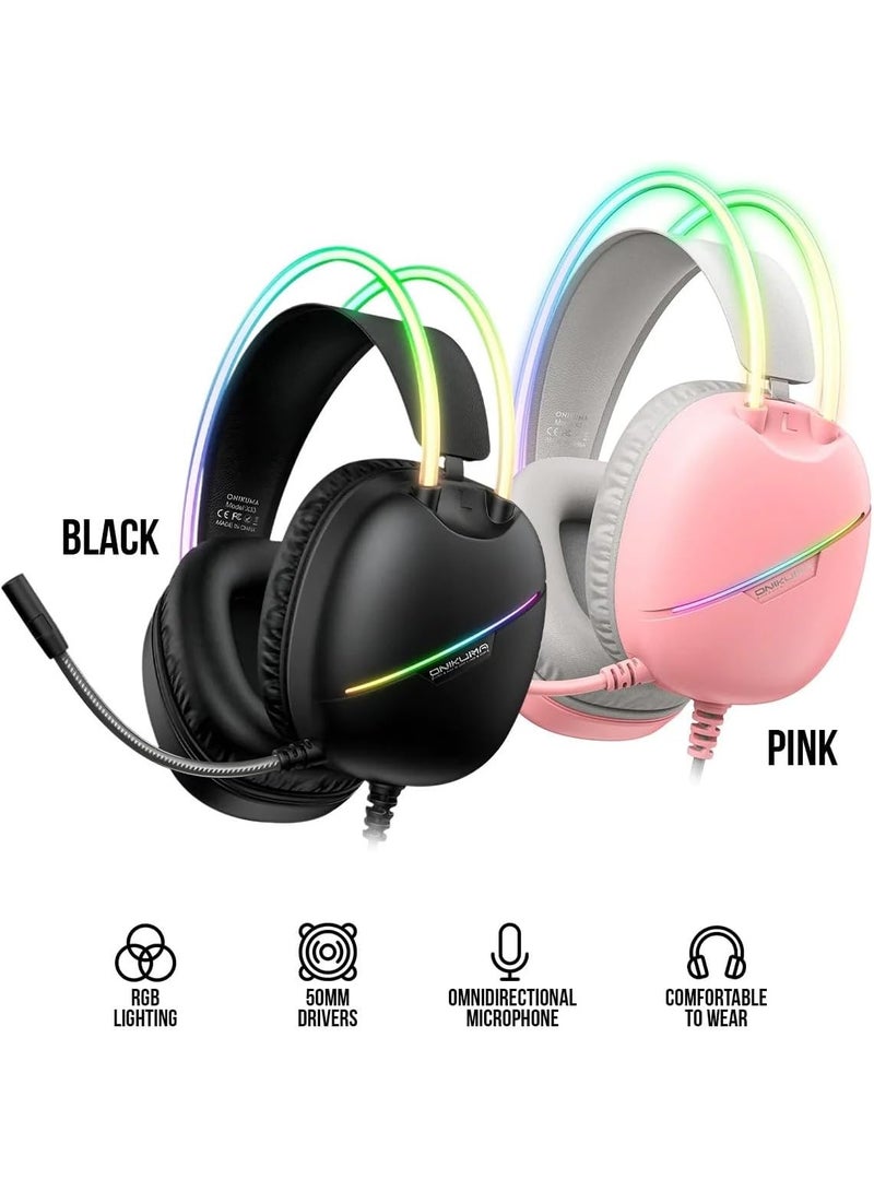 ONIKUMA X33 Gaming Headset, Pink, Over-Ear Wired Headphones with LED Lights, Noise-Cancelling Mic, for PC/PS5/PS4/Xbox - Image 4