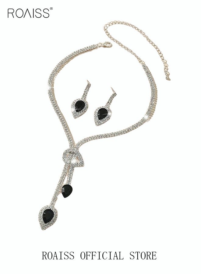 رويس طقم مجوهرات نسائي من قطعتين، أقراط متدلية وقلادة مزينة بأحجار الراين. طقم أقراط وقلادة بسيط. قلادة زفاف ومساء وحفلات على شكل سلسلة، فضية/سوداء - Image 4