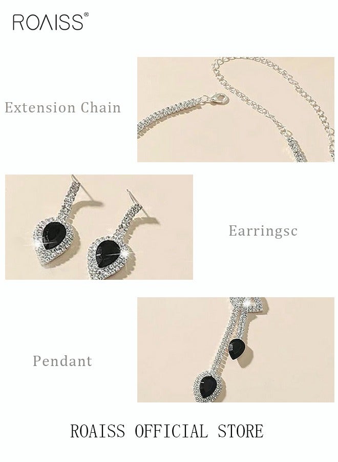 رويس طقم مجوهرات نسائي من قطعتين، أقراط متدلية وقلادة مزينة بأحجار الراين. طقم أقراط وقلادة بسيط. قلادة زفاف ومساء وحفلات على شكل سلسلة، فضية/سوداء - Image 3