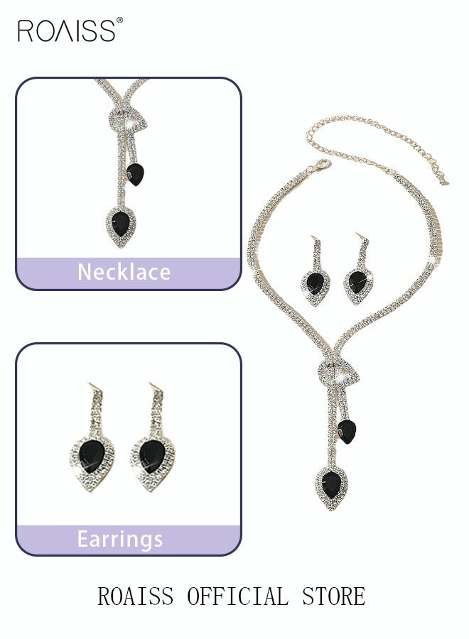 رويس طقم مجوهرات نسائي من قطعتين، أقراط متدلية وقلادة مزينة بأحجار الراين. طقم أقراط وقلادة بسيط. قلادة زفاف ومساء وحفلات على شكل سلسلة، فضية/سوداء - Image 2