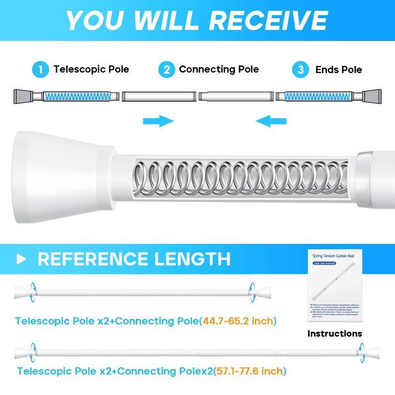 ZipGlo Shower Curtain Rod White Tension Rod 45 to 77 Inch Spring Curtain Shower rod Non Slip 1pcs for Windows No Drilling Adjustable Tension Rods of Curtain Window Closet Kitchen - Image 5
