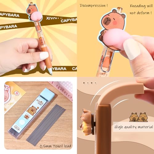 KEYDUACU مجموعة حقيبة أقلام كابيبارا اللطيفة - مجموعة قرطاسية مع مجموعة تزيين تسريحات الشعر، حقيبة لوازم مدرسية بسعة كبيرة، 10 ألوان من الأقلام وأقلام كابيبارا هدية كابيبارا (بني) - Image 4