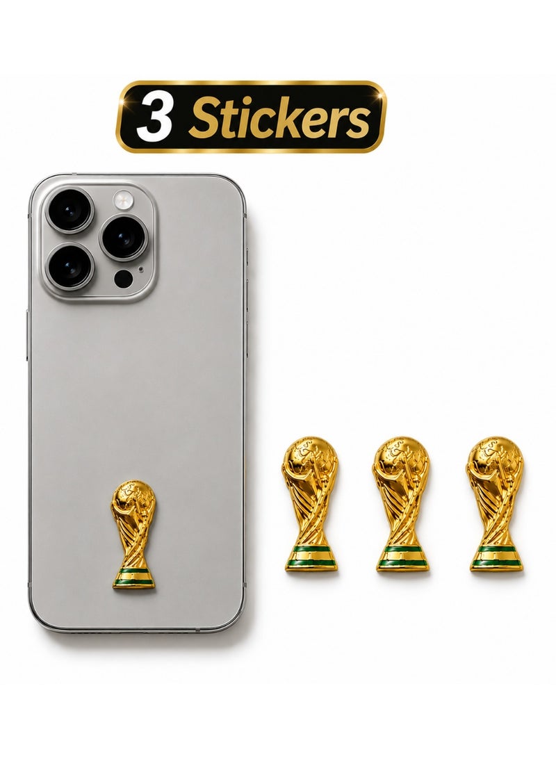 (3 Pcs) 3D Gold Cup 2026 Trophy Phone Sticker – Luxury Metal Football Trophy Decorative Sticker for Mobile Phones, Laptop Cases & Accessories