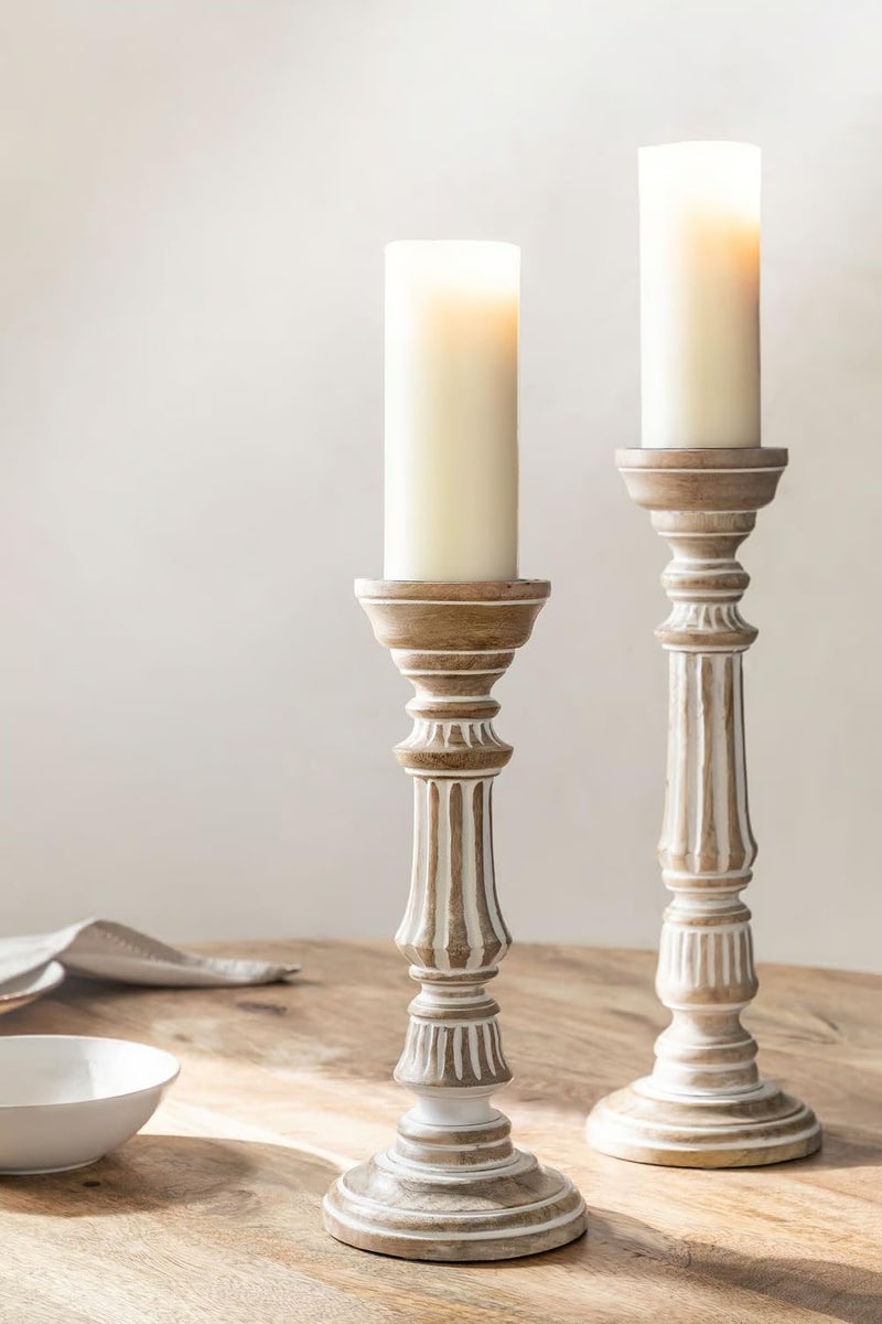 Duadecor Wooden Candle Holder for Home Decoration Set of 2, Decorative Hand Carved Tea Light Candle Stand for Home Decor, Living Room, Dining, Table Centerpiece, Gift Item (Carving), White - Image 1