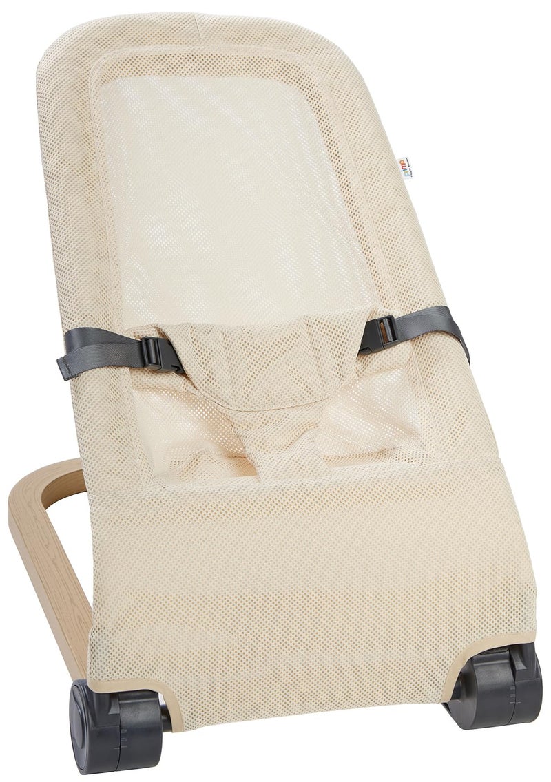 PRIMO جهاز اهتزاز الأطفال القابل للطي من جيجل باونس ديلوكس مع حركة طبيعية مهدئة، تصميم قابل للطي مريح، وضعيات قابلة للتعديل، غطاء شبكي قابل للإزالة، وقاعدة بتصميم خشبي، كريمي - Image 1