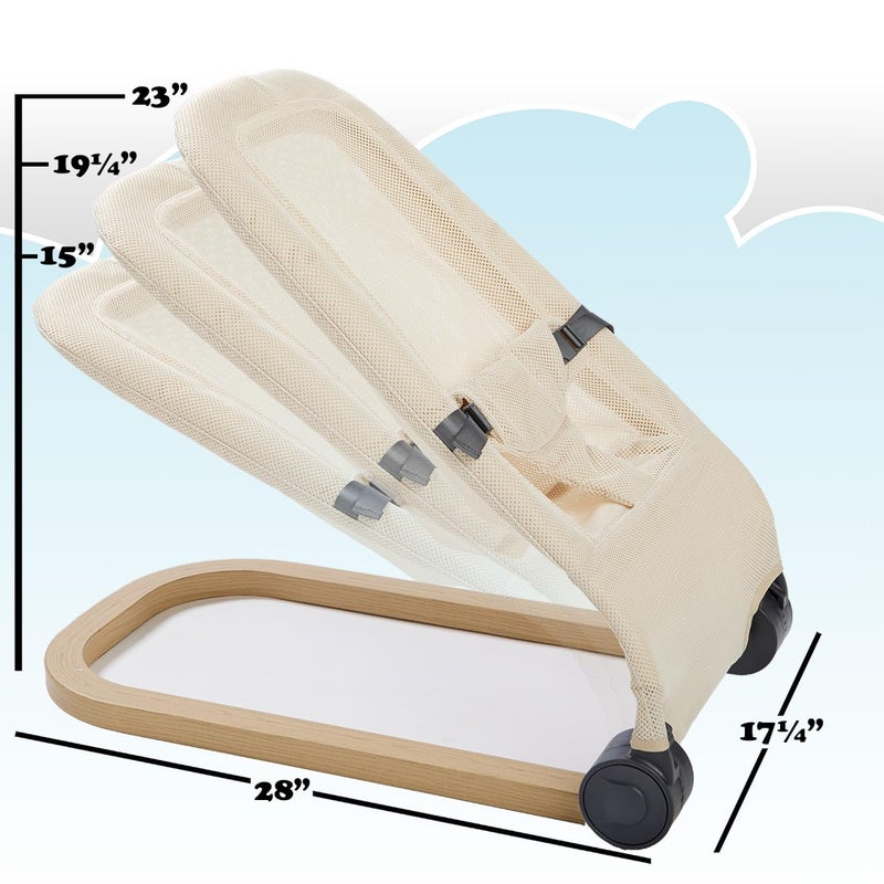 PRIMO جهاز اهتزاز الأطفال القابل للطي من جيجل باونس ديلوكس مع حركة طبيعية مهدئة، تصميم قابل للطي مريح، وضعيات قابلة للتعديل، غطاء شبكي قابل للإزالة، وقاعدة بتصميم خشبي، كريمي - Image 4