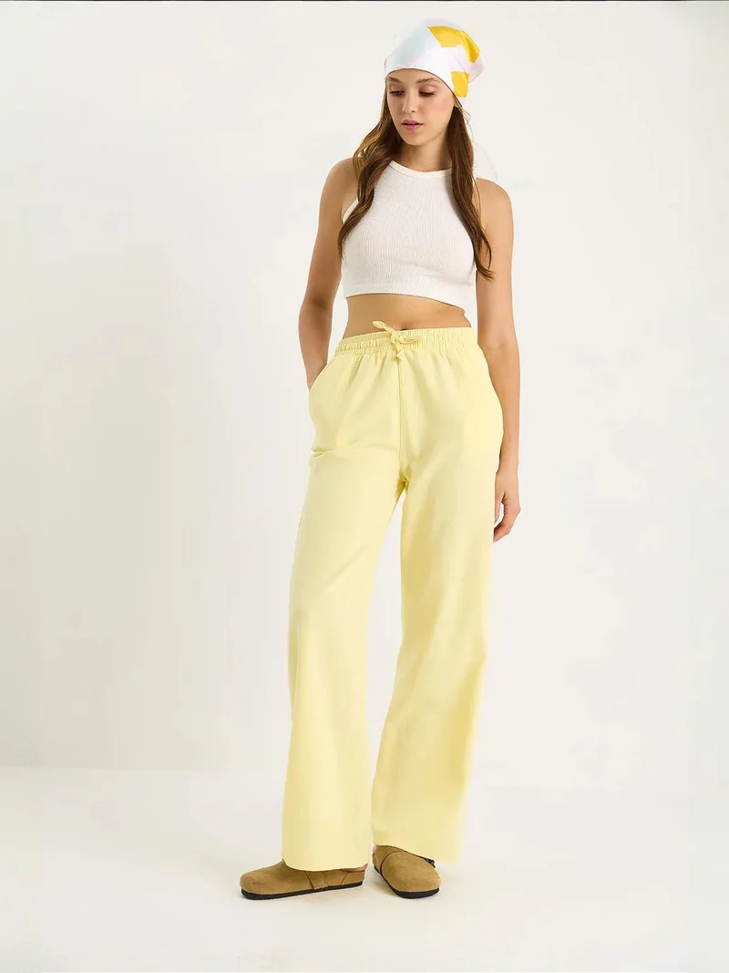 Bianco Lucci Lemon Yellow LUCCI Relaxed Fit Wide Leg Pants with Drawstring for Women | Best Price UAE
