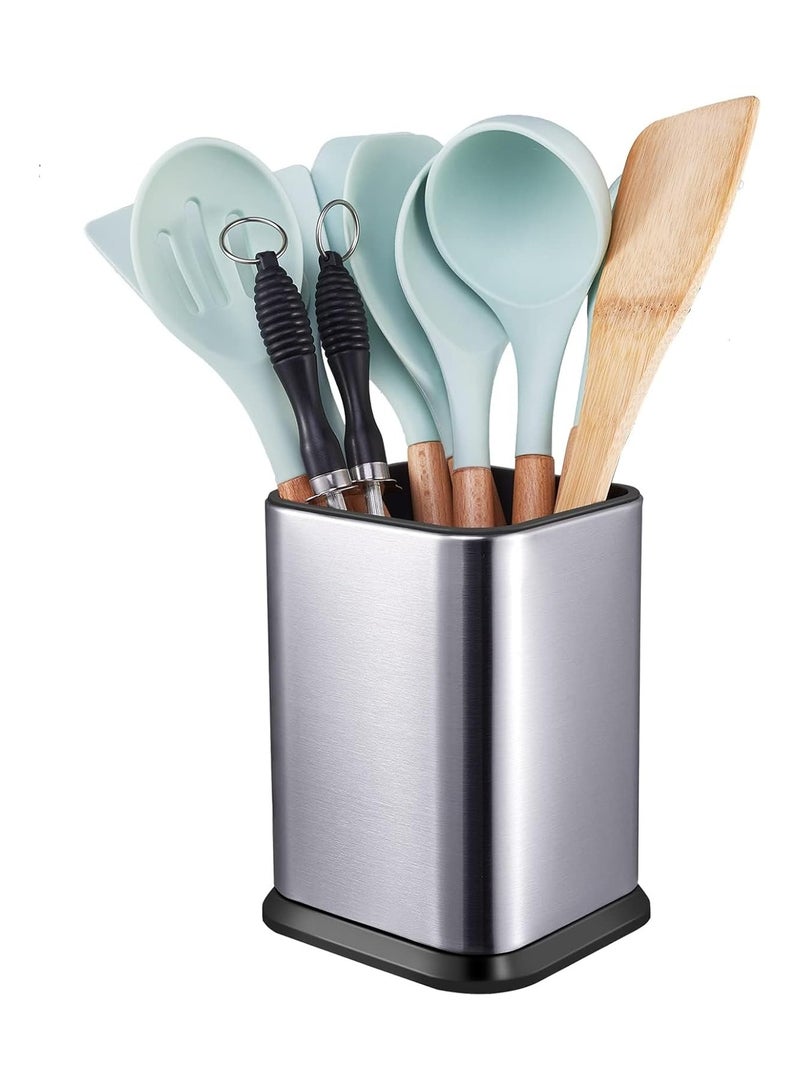 Stainless Steel Kitchen Utensil Holder for Countertop, Spoon Spatula Organizer,Modern Rectangular Large Cooking Utensil Caddy Counter,Utensil Crock Silver - Image 1