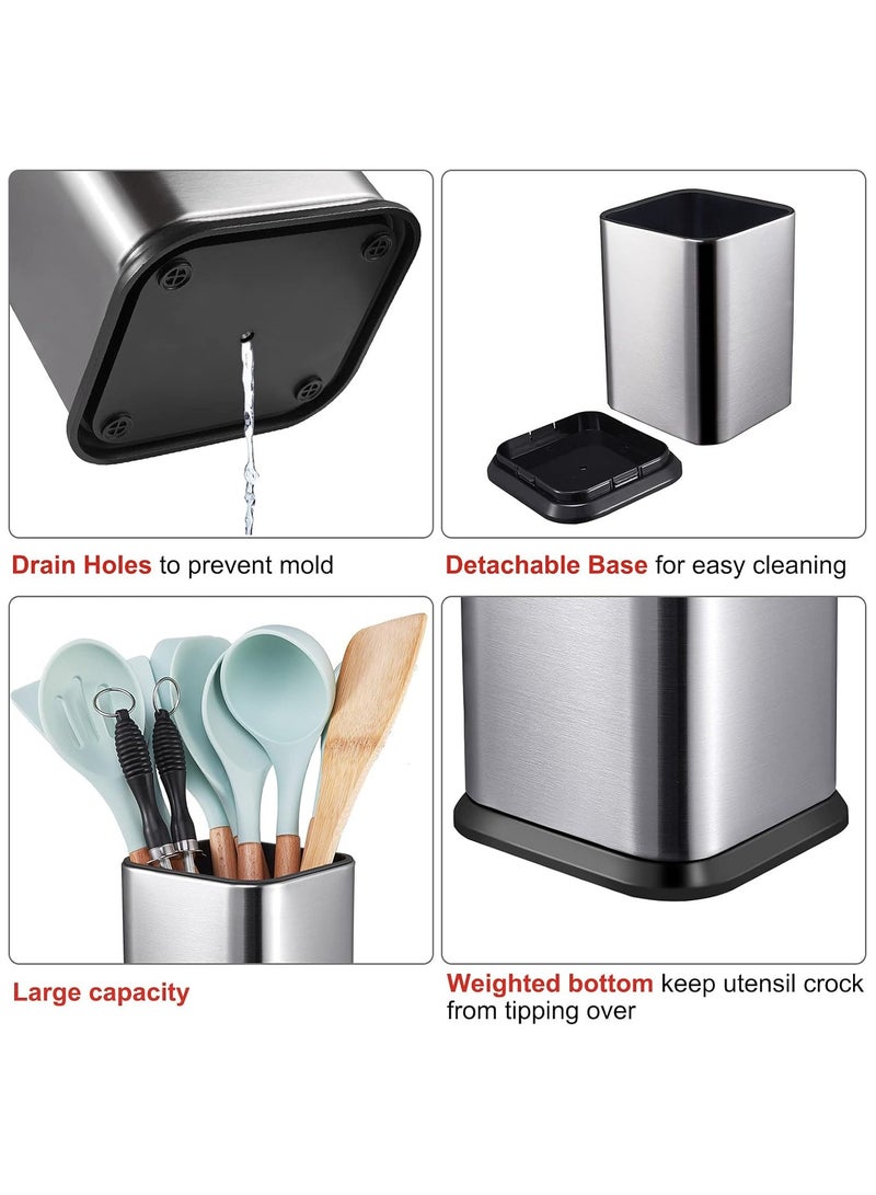 Stainless Steel Kitchen Utensil Holder for Countertop, Spoon Spatula Organizer,Modern Rectangular Large Cooking Utensil Caddy Counter,Utensil Crock Silver - Image 2