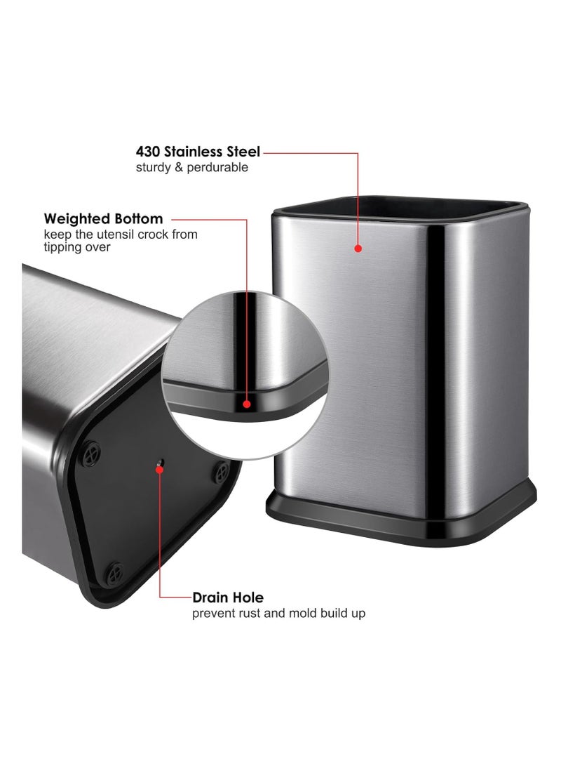 Stainless Steel Kitchen Utensil Holder for Countertop, Spoon Spatula Organizer,Modern Rectangular Large Cooking Utensil Caddy Counter,Utensil Crock Silver - Image 3