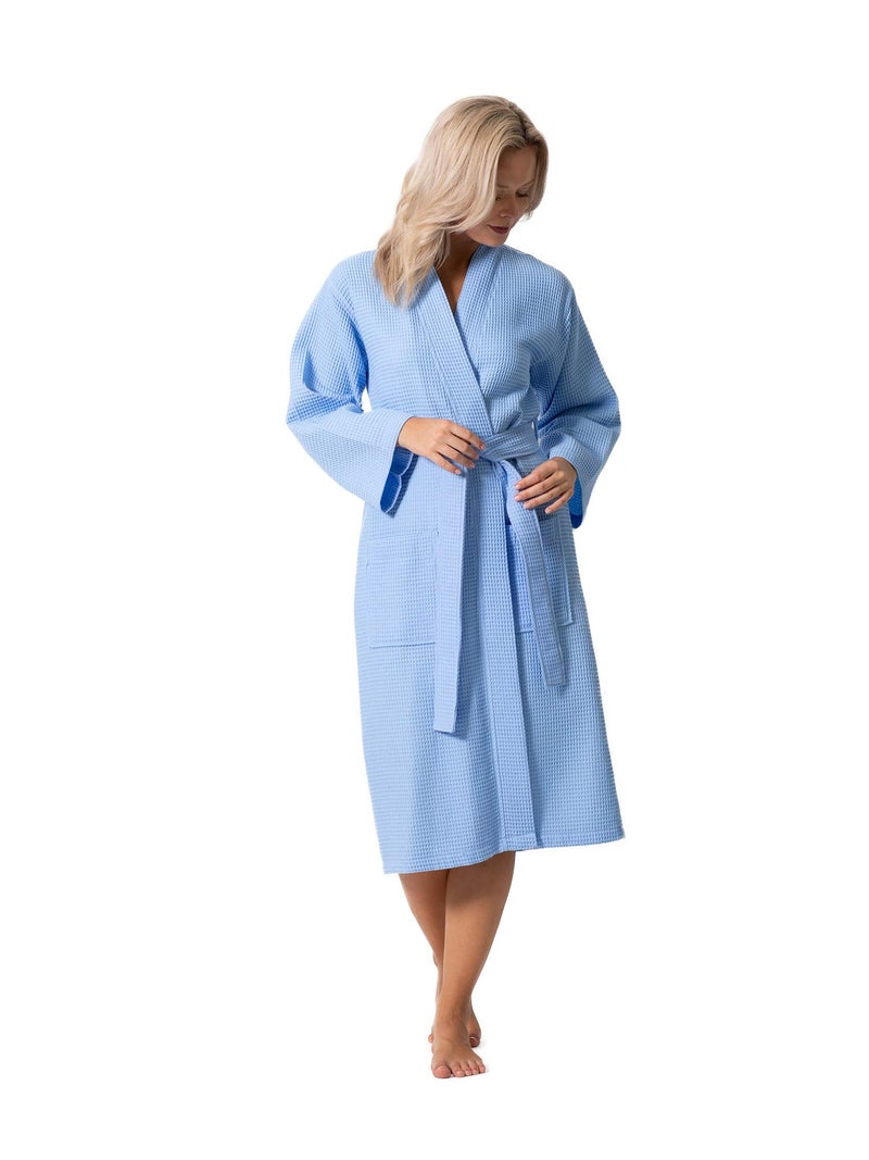 Turkish Linen روب سبا وحمام كيمونو خفيف الوزن من الكتان التركي - سريع الجفاف - ناعم (صغير، أزرق فاتح) - Image 3