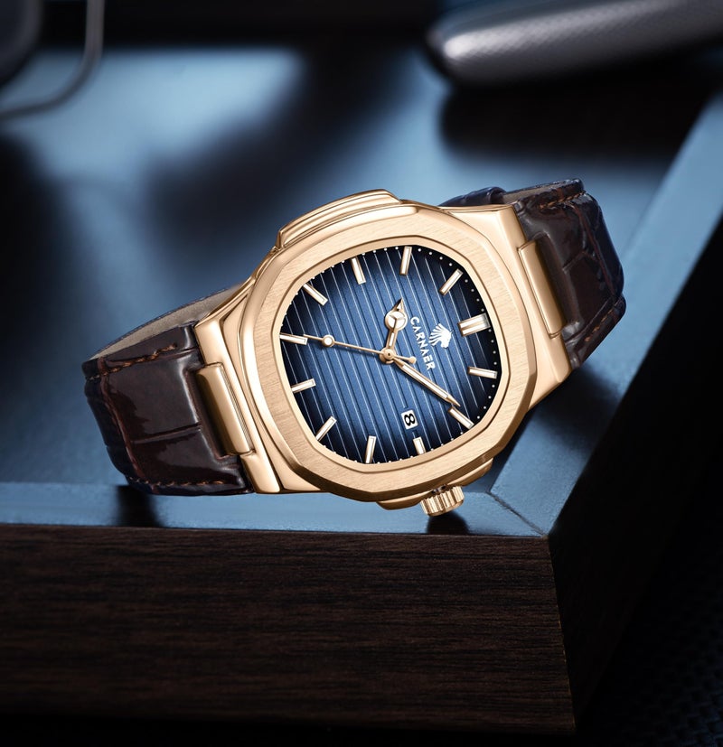 CARNAER Men Octagonal Rose Gold Luxury Watch for Boy Black Striped Dial, Date Display, Luminous Markers, 30M Waterproof, Leather Strap, Quartz Movement (Blue) - Image 2