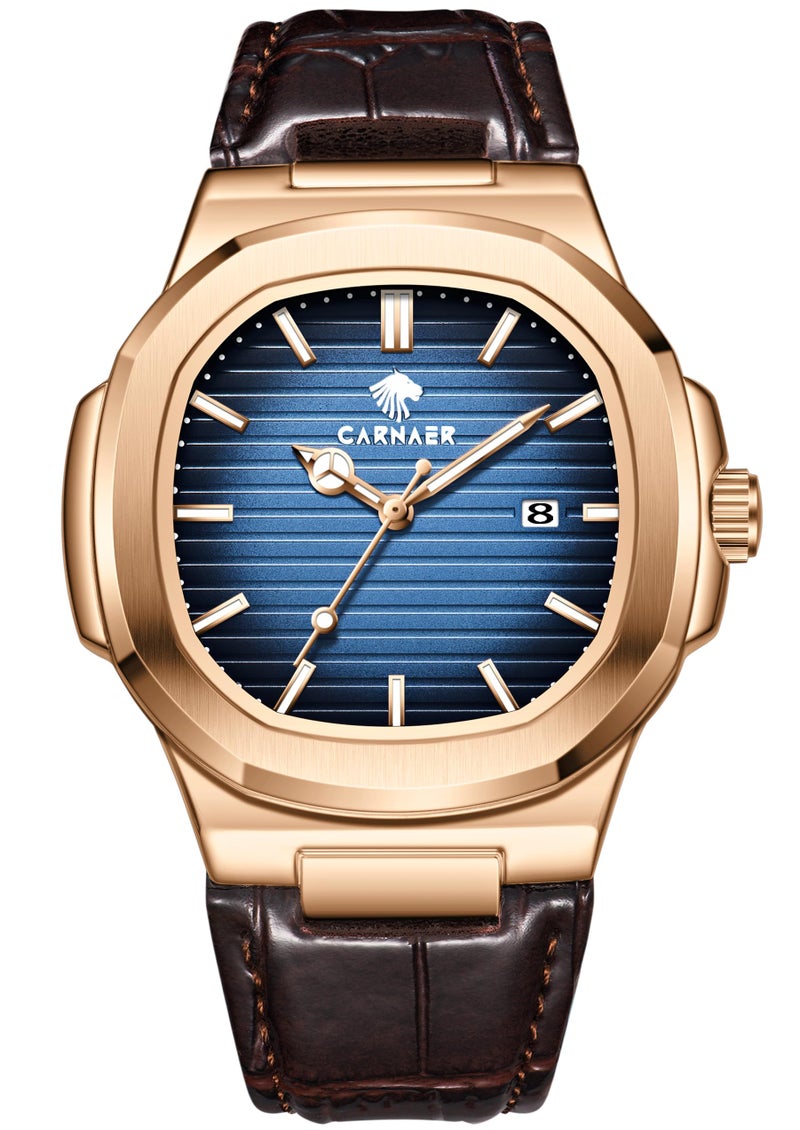 CARNAER Men Octagonal Rose Gold Luxury Watch for Boy Black Striped Dial, Date Display, Luminous Markers, 30M Waterproof, Leather Strap, Quartz Movement (Blue) - Image 1
