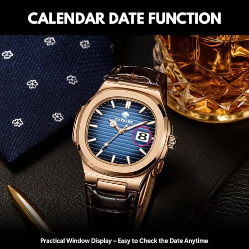 CARNAER Men Octagonal Rose Gold Luxury Watch for Boy Black Striped Dial, Date Display, Luminous Markers, 30M Waterproof, Leather Strap, Quartz Movement (Blue) - Image 4