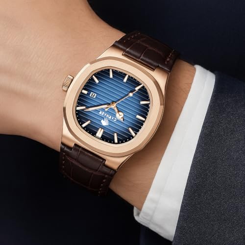 CARNAER Men Octagonal Rose Gold Luxury Watch for Boy Black Striped Dial, Date Display, Luminous Markers, 30M Waterproof, Leather Strap, Quartz Movement (Blue) - Image 3