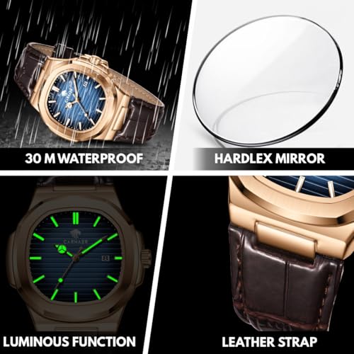 CARNAER Men Octagonal Rose Gold Luxury Watch for Boy Black Striped Dial, Date Display, Luminous Markers, 30M Waterproof, Leather Strap, Quartz Movement (Blue) - Image 5