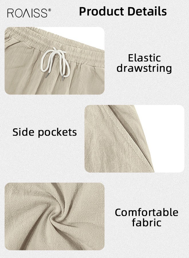 رويس شورت عمل متعدد الجيوب للرجال، شورت رياضي فضفاض من الكتان، شورت كرة قدم، شورت كرة سلة، شورت شاطئ مستقيم مريح وناعم على البشرة، لون كاكي فاتح - Image 5