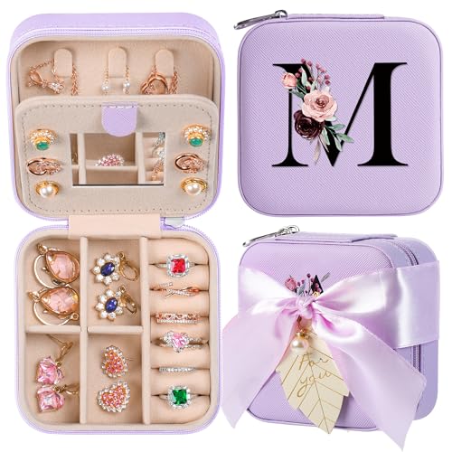 AYGXU Jewelry Organizer Box - Birthday & Mothers Day Gifts for Women, Small Travel Jewelry Case, Initial M Purple - Image 1