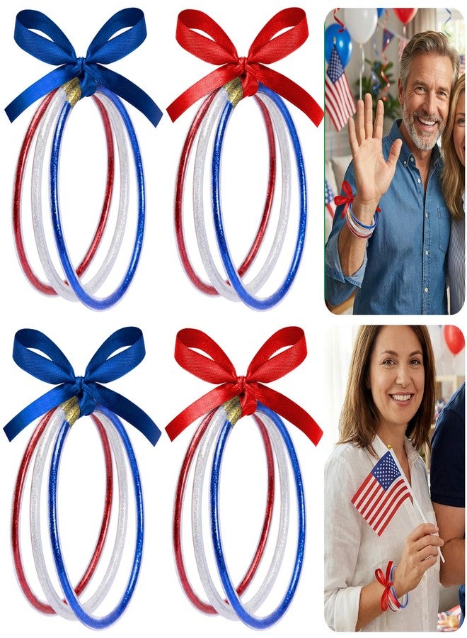 RunNico 12 Pcs Independence Day Jelly Bangles, 4th of July Glitter Bracelets with Bowknot, Red White Blue Jelly Bangles for Patriotic Themed Party Favors Costume Memorial Day Accessories - Image 1