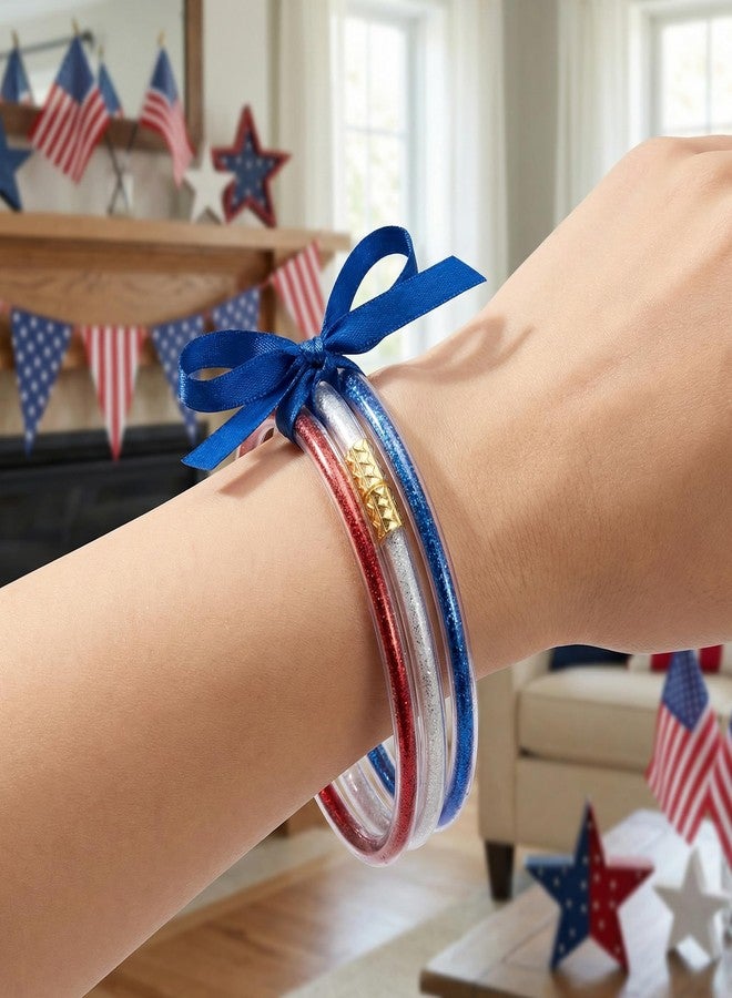 RunNico 12 Pcs Independence Day Jelly Bangles, 4th of July Glitter Bracelets with Bowknot, Red White Blue Jelly Bangles for Patriotic Themed Party Favors Costume Memorial Day Accessories - Image 5