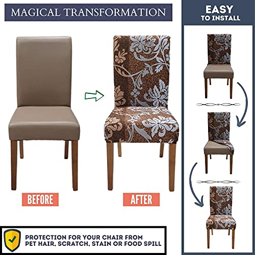 SPRINGRICO Chair Covers for Dining Room Set of 4, Stretch Dining Chair Cover, Washable Spandex Kitchen Parsons Chair Slipcovers, Removable Seat Protector for Home or Party (4 Pack, Floral BROWN1) - Image 4