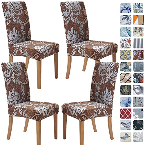 SPRINGRICO Chair Covers for Dining Room Set of 4, Stretch Dining Chair Cover, Washable Spandex Kitchen Parsons Chair Slipcovers, Removable Seat Protector for Home or Party (4 Pack, Floral BROWN1) - Image 1