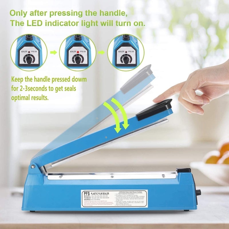 Derovan 8″ Manual Impulse Heat Sealer – Adjustable 8‑Station Temperature, 200 mm Seal, with Spare Element & Fuse – Durable for PE/PP Mylar Bags - Image 2