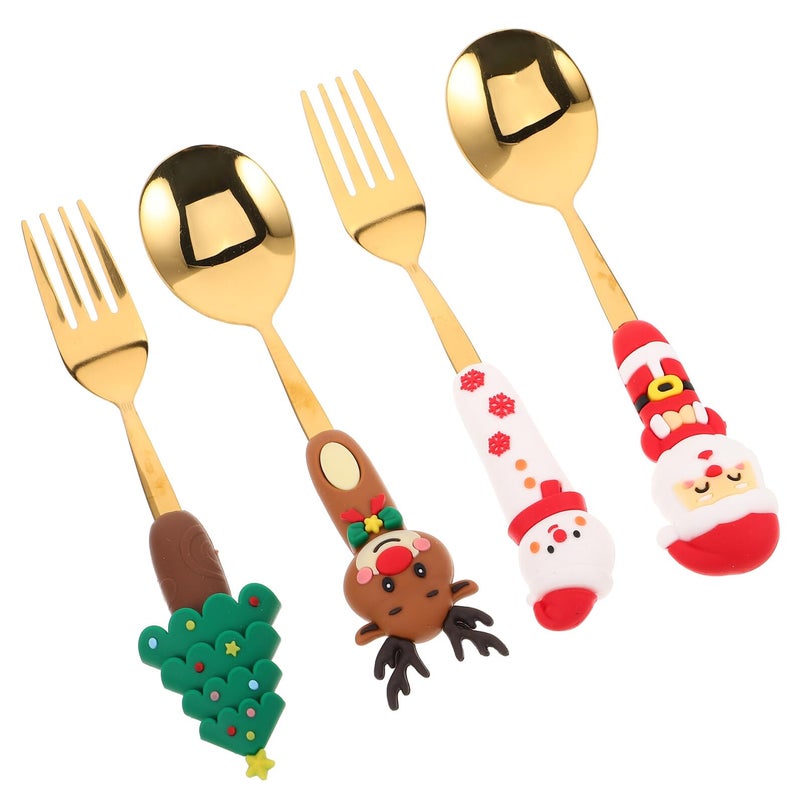 Christmas Dessert Spoon and Fork Set 4pcs Stainless Steel with Santa Tree Toppers - Image 2