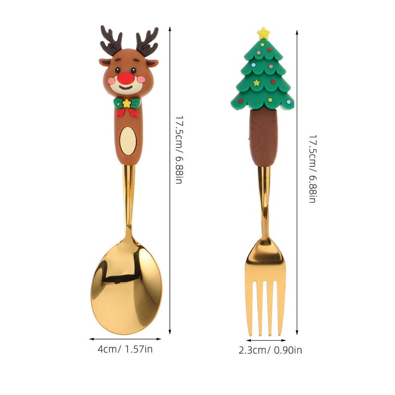 Christmas Dessert Spoon and Fork Set 4pcs Stainless Steel with Santa Tree Toppers - Image 3
